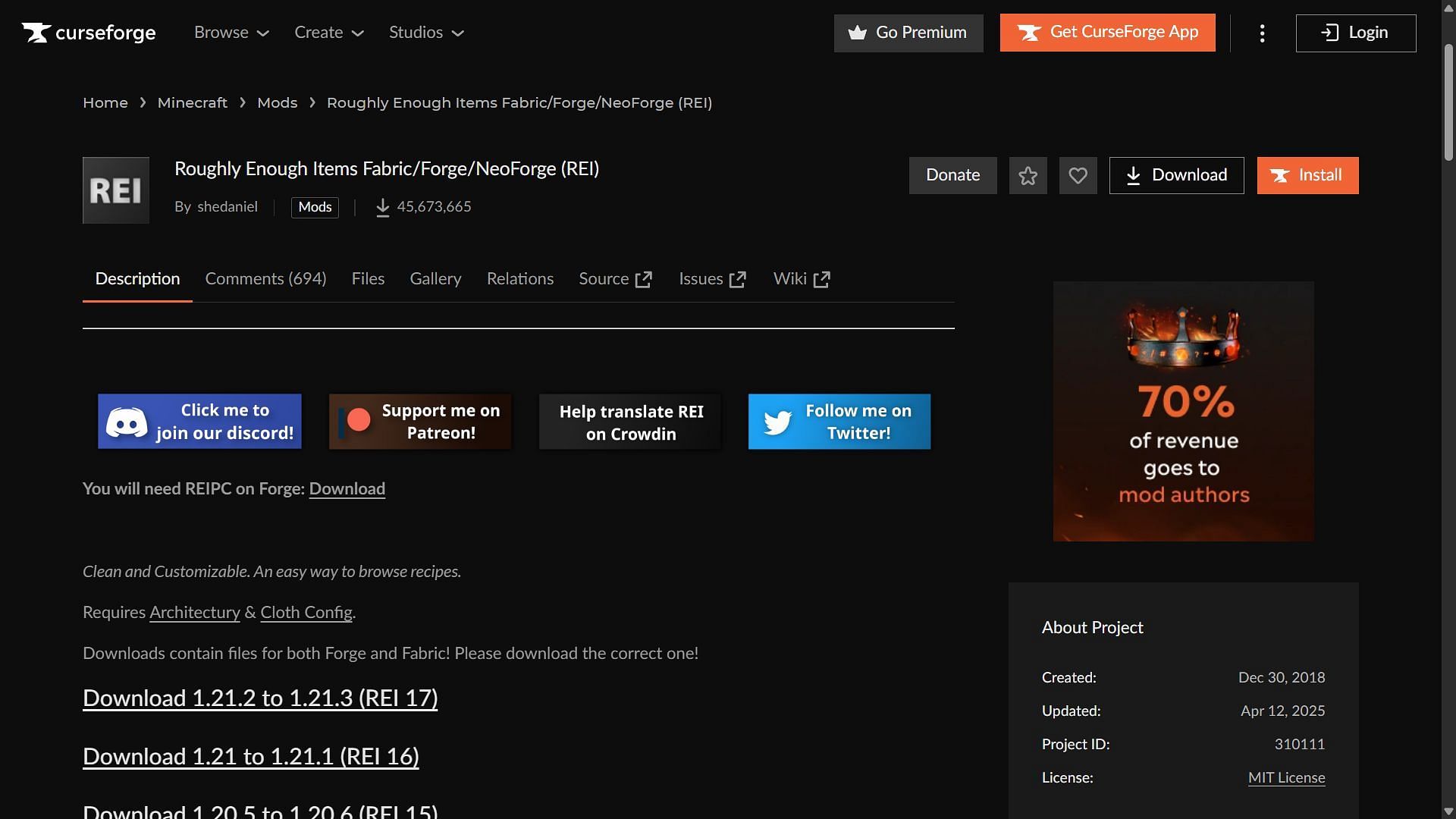 Roughly Enough Items can be downloaded from the CurseForge website (Image via CurseForge/shedaniel)